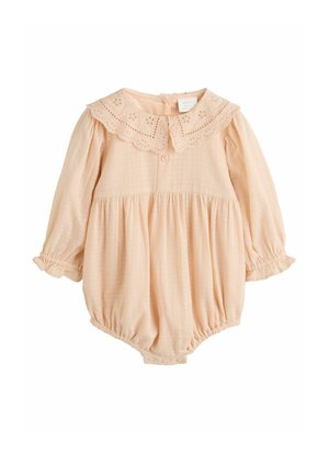 Peach cotton blend baby bodysuit with a lace-trimmed collar, long puffed sleeves, and button closure at the back and bottom. Textured grid pattern.
