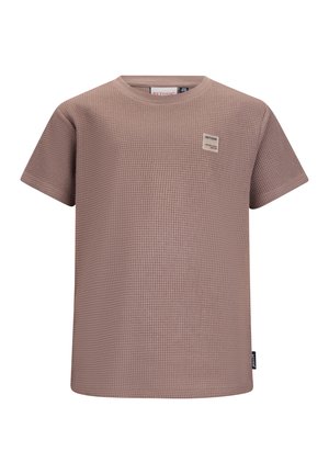 Koszulka z krótkim rękawem w kolorze wrzosowym, wykonana z dzianiny waflowej, z okrągłym dekoltem oraz małą prostokątną metką marki na piersi i w szwie bocznym.