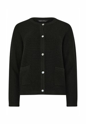 Zwarte cardigan met een gestructureerd breisel, voorzien van een ronde hals, voorzakken en zilveren drukknoopjes.