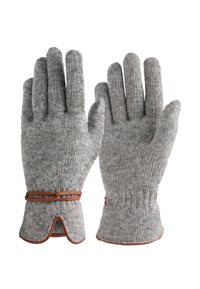 Graue gestrickte Handschuhe mit Lederakzenten an den Bündchen. Sie verfügen über eine gerippte Textur und ein auffälliges offenes Bündchendesign.