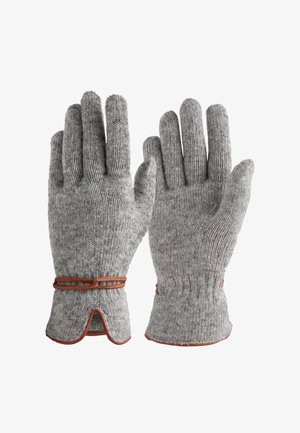 Gray knitted gloves with leather accents at the cuffs. Features a ribbed texture and a distinctive open cuff design.