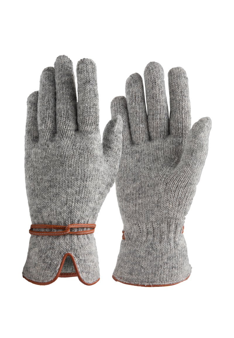 Graue gestrickte Handschuhe mit Lederakzenten an den Bündchen. Sie verfügen über eine gerippte Textur und ein auffälliges offenes Bündchendesign.