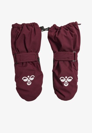Burgunderfarbene Fäustlinge aus weichem Stoff mit elastischen Bündchen und verstellbaren Riemen. Auf der Vorderseite befindet sich ein weißes Bienenlogo als zusätzliches Detail.