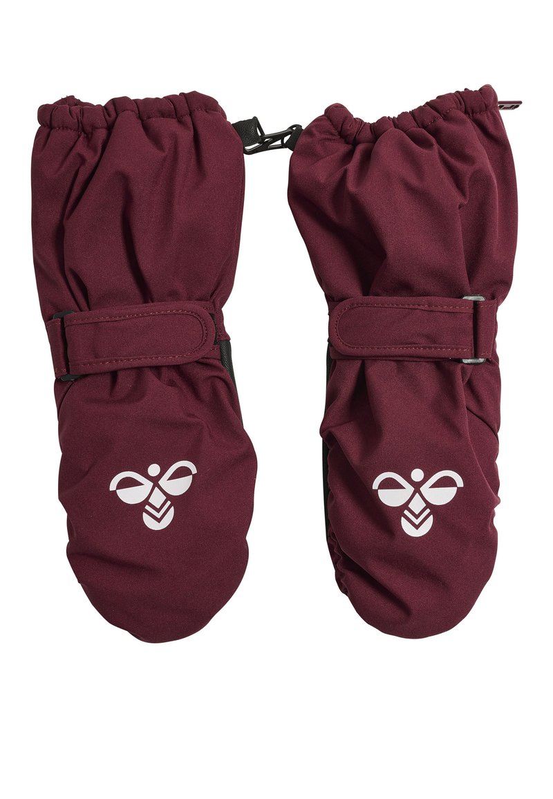 Bordeauxfärgade vantar gjorda av mjukt tyg med elastiska cuffs och justerbara remmar. Har en vit bi-logo på framsidan för att ge extra detalj.