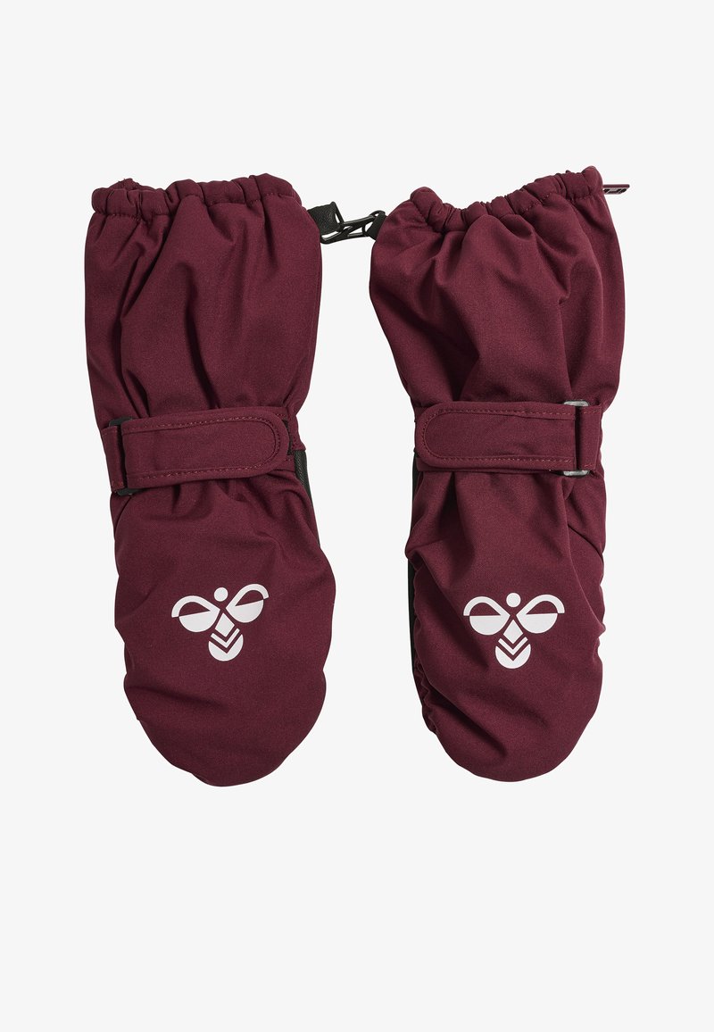 Burgunderfarbene Fäustlinge aus weichem Stoff mit elastischen Bündchen und verstellbaren Riemen. Auf der Vorderseite befindet sich ein weißes Bienenlogo als zusätzliches Detail.