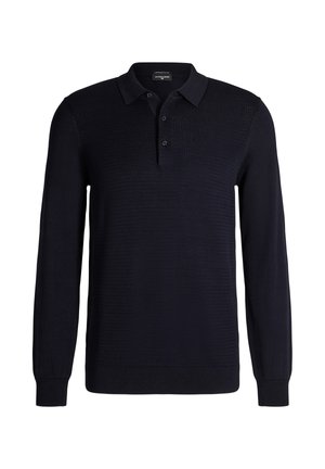 Polo a maniche lunghe in maglia nera con pannello frontale testurizzato e patta con tre bottoni, polsini e orlo a coste.