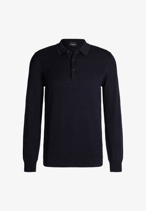 Czarna dzianinowa koszula polo z długim rękawem, z teksturowanym przednim panelem i plisą na trzy guziki, zakończona ściągaczami na mankietach i dole.