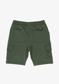 Groene katoenen shorts met een elastische tailleband, voorzien van twee achterzakken en twee zijcargo zakken. Effen textuur en een casual ontwerp.