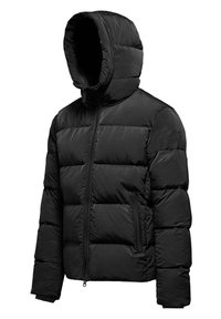 Black puffer jacket with a hood, featuring a quilted design, zip front, and two side pockets. Made from smooth, lightweight material.