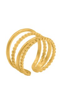 Bague ton or avec plusieurs bande entrelacées. Présente des textures variées : designs lisses, perlés et striés pour un intérêt visuel.