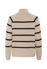 Beige Pullover mit schwarzen horizontalen Streifen. Hoher Kragen, gerippte Textur und lange Ärmel. Auffälliges Raglan-Design an den Schultern.