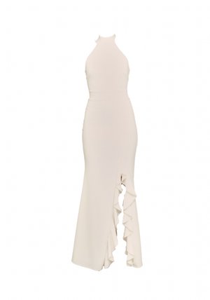 Halterkleid in Off-White, mit figurbetontem Schnitt, seitlichen Rüschen und einem Oberschenkelschlitz, gefertigt aus glattem Stoff.