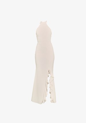 Robe à col licou en blanc cassé, présentant une silhouette ajustée avec des volants latéraux et une fente haute sur la cuisse, fabriquée en tissu lisse.