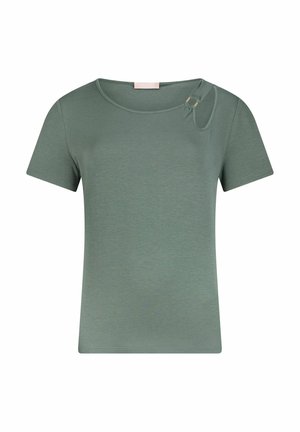 T-shirt à manches courtes et col rond en vert doux. Tissu doux et lisse avec une texture subtile. Présente un petit accent décoratif à l'épaule.