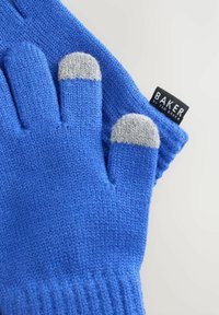 Modré pletené rukavice se šedými prsty a žebrovanými manžetami. Na zápěstí je přišita visačka s nápisem "BAKER". Texturovaná tkanina po celém povrchu.