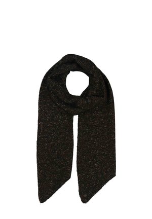 Sciarpa lavorata a maglia di colore marrone scuro con macchie multicolori, caratterizzata da una consistenza morbida e estremità allungate e affusolate per uno stile versatile.