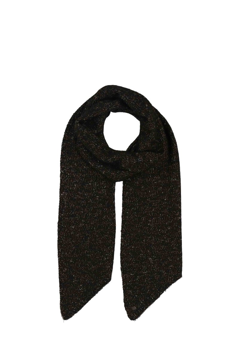 Sciarpa lavorata a maglia di colore marrone scuro con macchie multicolori, caratterizzata da una consistenza morbida e estremità allungate e affusolate per uno stile versatile.