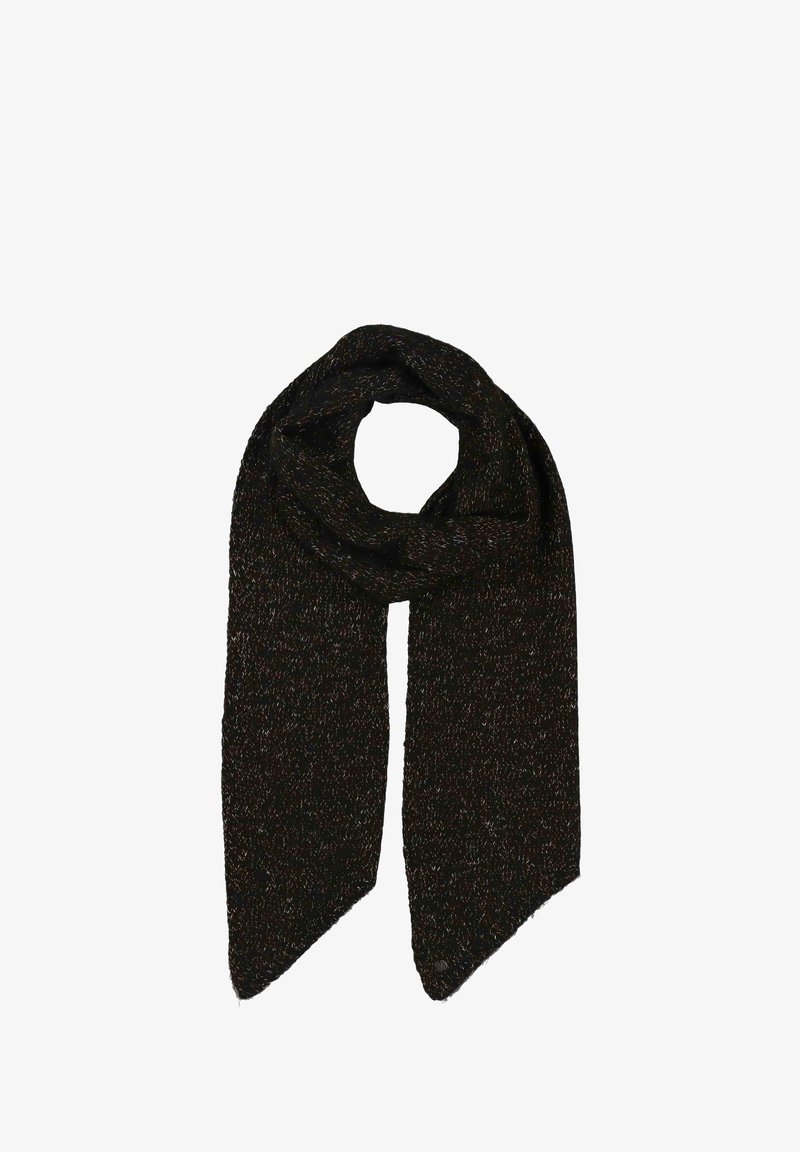 Écharpe tricotée en marron foncé avec des touches multicolores, présentant une texture douce et des extrémités allongées et effilées pour un style polyvalent.