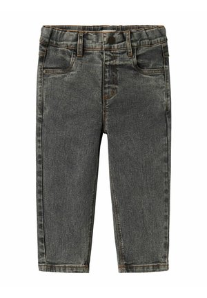 Ciemnoszare szorty dżinsowe o prostym kroju nogawek, z pięcioma kieszeniami, kontrastującym pomarańczowym przeszyciem i solidnym pasem.