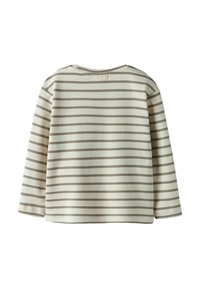 Långärmad topp i mjukt tyg med horisontella ljusbeige och olivgröna ränder, med en vid rund halsringning och avslappnad passform.