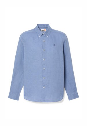 Hellblaues, langärmliges Hemd mit Knopfleiste, Button-Down-Kragen, weißen Knöpfen und kleinem Timberland-Baum-Logo auf der linken Brustseite.