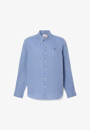 Hellblaues, langärmliges Hemd mit Knopfleiste, Button-Down-Kragen, weißen Knöpfen und kleinem Timberland-Baum-Logo auf der linken Brustseite.
