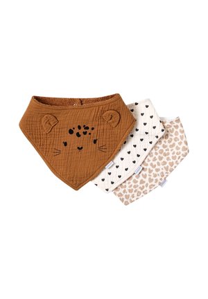 Three baby bandana bibs, one brown with a leopard face and ears, one white with black hearts, and one white with beige leopard spots.
