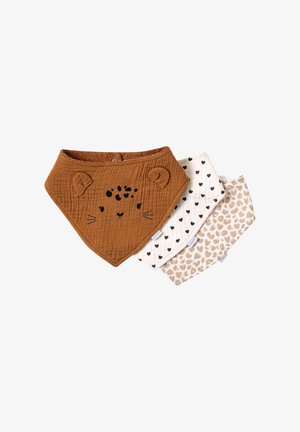 Three baby bandana bibs, one brown with a leopard face and ears, one white with black hearts, and one white with beige leopard spots.