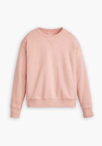 Sudadera de crewneck rosa suave con mangas largas y puños y dobladillo acanalados, exhibida sobre un fondo blanco liso.
