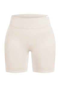 Beige high-waisted fietsshorts van rekbare stof, met een gladde textuur en een getailleerde pasvorm, afgewerkt met een omgezoomde rand.