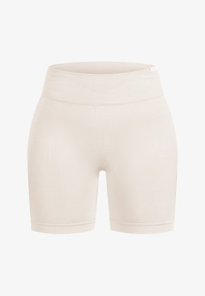 Beige korkean vyötärön pyöräilyshortsit, jotka on valmistettu joustavasta kankaasta, jossa on sileä pinta ja istuva siluetti, huolitellut reunat.