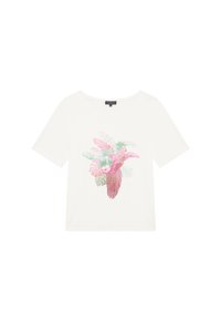 T-shirt à manches courtes blanche ornée d'un motif coloré d'oiseau et de feuilles en sequins. Tissu doux avec une coupe décontractée et un col rond.