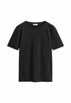 Zwart katoenen T-shirt met korte mouwen, een ronde hals, een effen ontwerp en een klein label aan de binnenkant van de kraag.