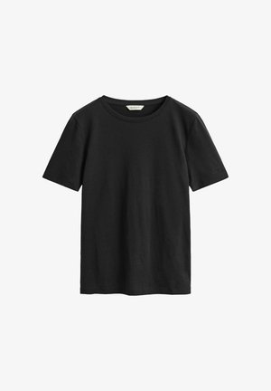 Zwart katoenen T-shirt met korte mouwen, een ronde hals, een effen ontwerp en een klein label aan de binnenkant van de kraag.