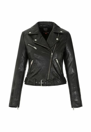 Czarna skórzana kurtka motocyklowa z asymetrycznym przednim zamkiem błyskawicznym, trzema zapinanymi na zamek kieszeniami, kołnierzem na zatrzask i paskiem w talii.