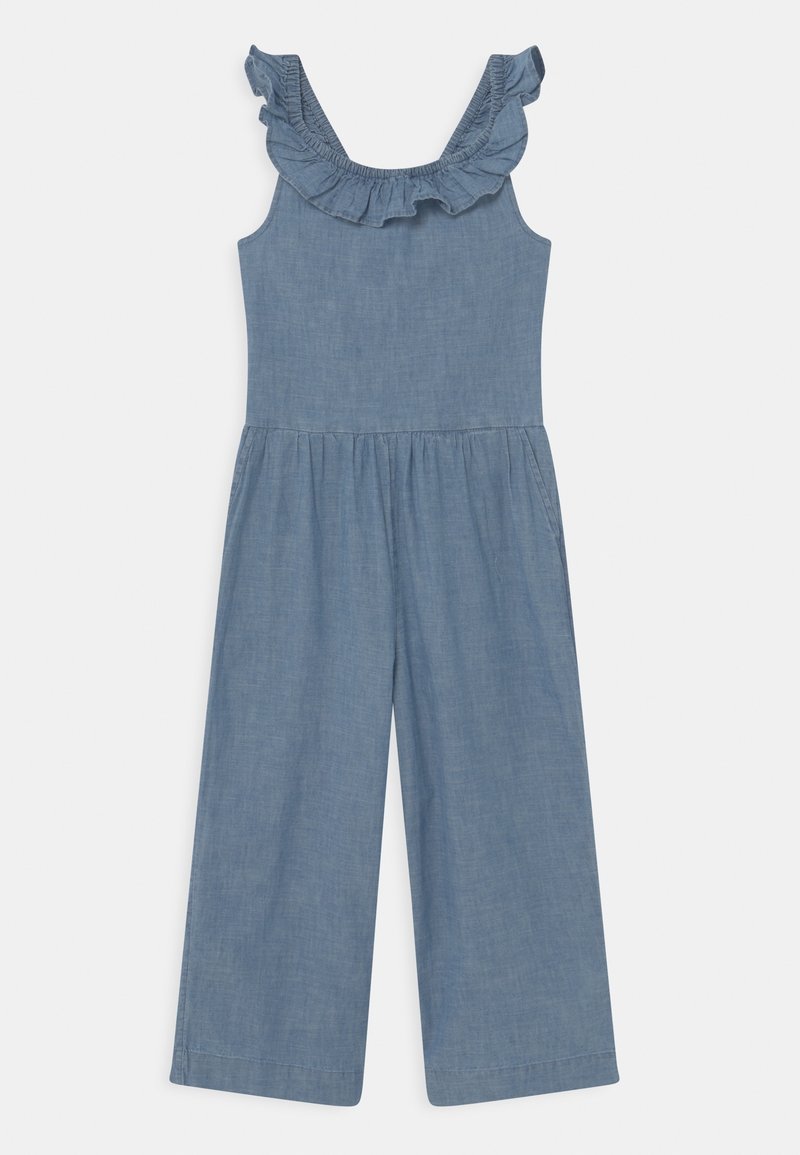 Combinaison bleue sans manches avec un col à volants et un pantalon ample, fabriquée en tissu léger.