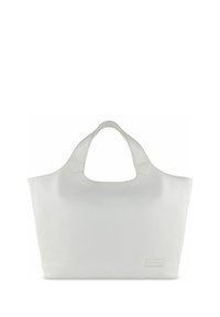 Grande borsa tote in pelle bianca con due manici curvi, texture liscia e un logo impresso in modo discreto nell'angolo in basso a destra.