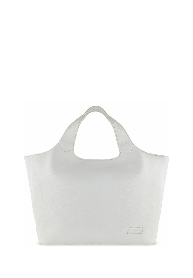 Grande borsa tote in pelle bianca con due manici curvi, texture liscia e un logo impresso in modo discreto nell'angolo in basso a destra.