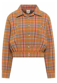 Cropped plaid shirt in orange, gray, and pink; features a button-up front, long sleeves, and elasticated hem for added fit.