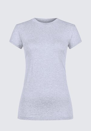 T-shirt gris à manches courtes en mélange de coton doux. Design classique à col rond avec une texture lisse et sans motifs ni accents visibles.