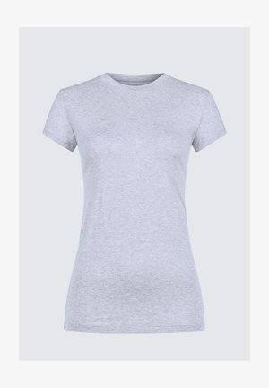 Szara koszulka z krótkim rękawem wykonana z miękkiej mieszanki bawełny. Klasyczny krój z okrągłym dekoltem o gładkiej fakturze, bez widocznych wzorów ani akcentów.