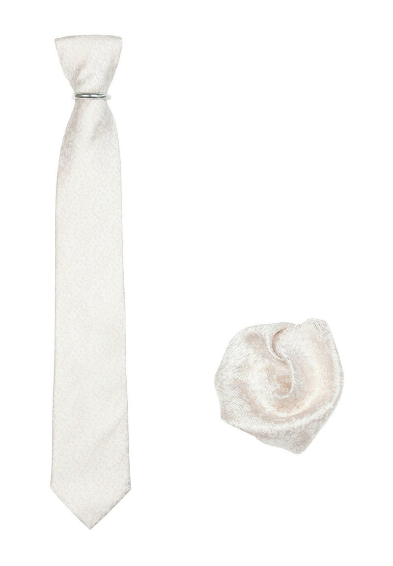 Lichtgekleurde stropdas met een subtiel patroon, gemaakt van glanzende stof, samen met een bijpassende scrunchie in een vergelijkbare textuur en kleur.