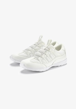White athletic shoes made of mesh and synthetic materials. Features include elastic laces, a textured surface, and a rubber sole.