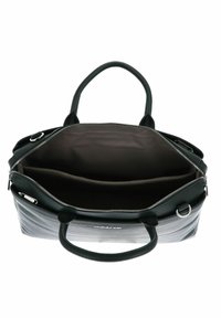 Sac à main en cuir noir avec un extérieur texturé, fermeture éclair, doubles poignées, et un intérieur beige spacieux avec deux compartiments.