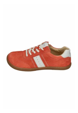 Red suede sneaker with white laces and two white stripes on the side, featuring a brown rubber sole and a white heel patch.