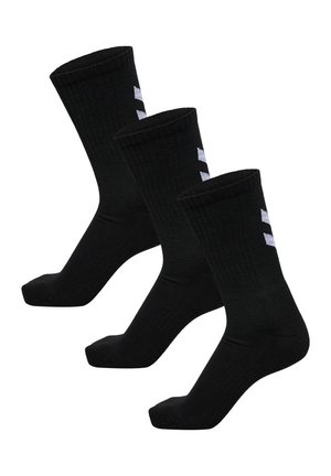 Calze in cotone nere, texture a costine, confezione da tre, ciascuna con un design del logo bianco sul lato superiore, stile crew di media altezza.