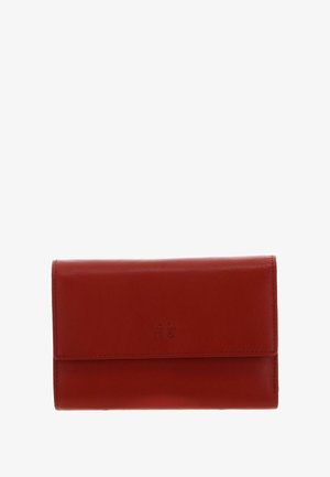 Portefeuille en cuir rouge à texture lisse, de forme rectangulaire, avec un rabat avant. Présente un logo discrètement embossé et des coutures soignées.