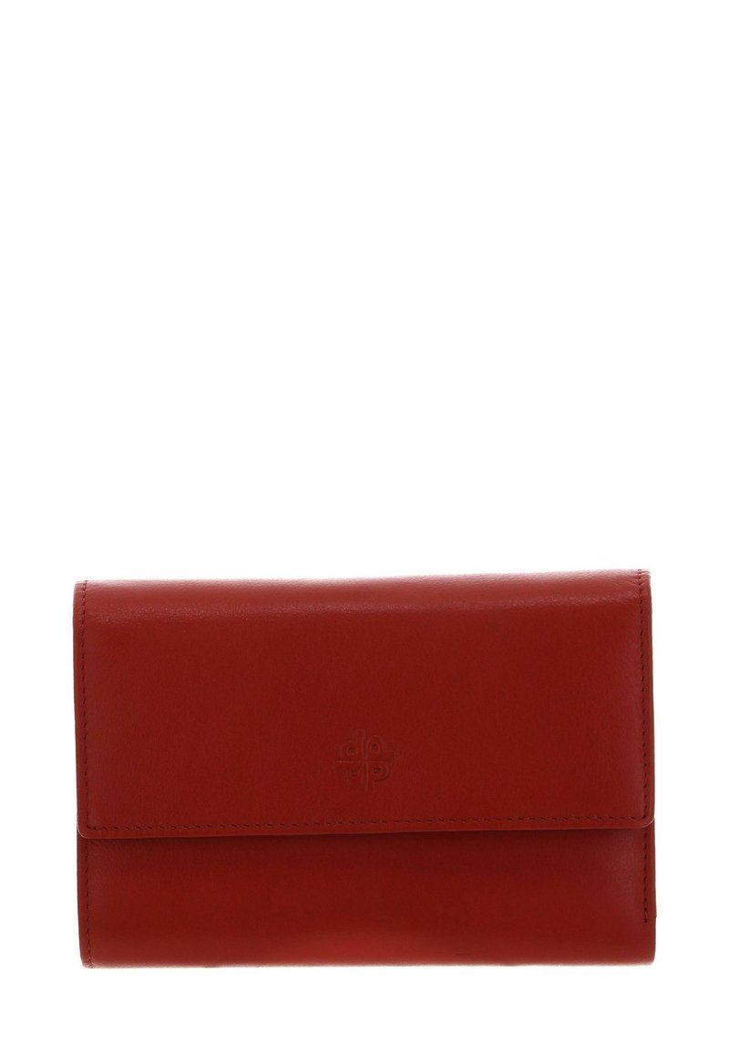Portefeuille en cuir rouge à texture lisse, de forme rectangulaire, avec un rabat avant. Présente un logo discrètement embossé et des coutures soignées.