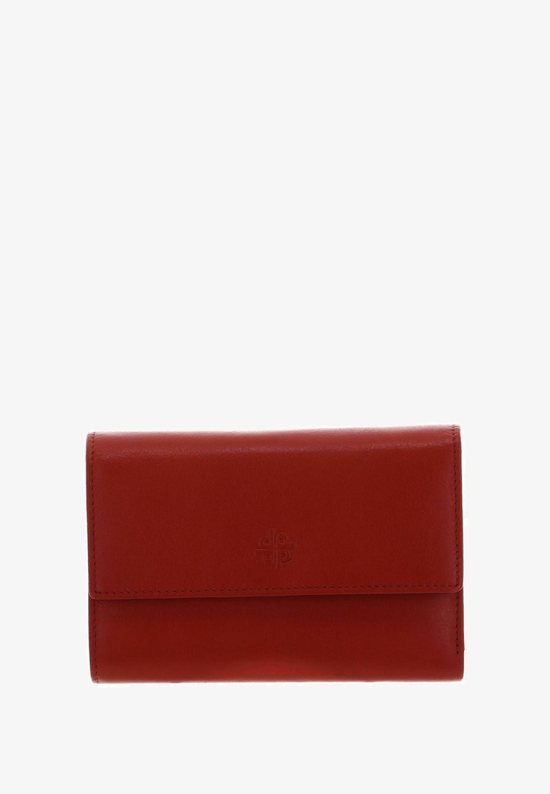 Portefeuille en cuir rouge à texture lisse, de forme rectangulaire, avec un rabat avant. Présente un logo discrètement embossé et des coutures soignées.