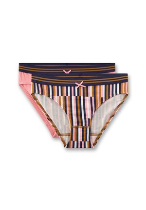 Zwei Paare Damen-Bikinihöschen, eines einfarbig pink und eines mit mehrfarbigen vertikalen Streifen, beide mit marineblauen Bund und kleinen pinkfarbenen Schleifenakzenten.